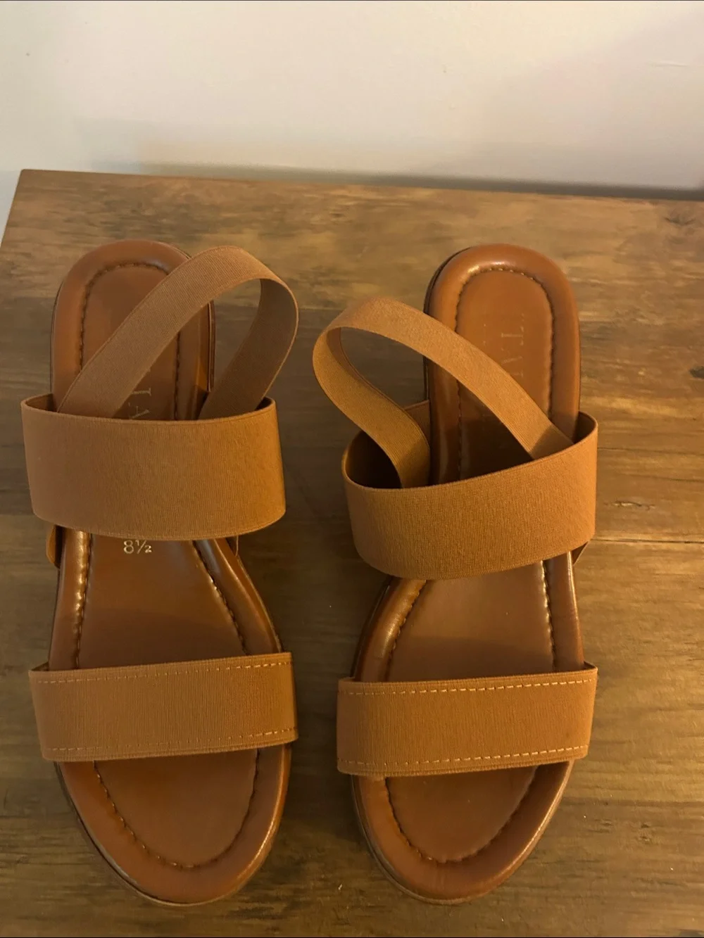 Women's Tan Wedge Slide Sandals with Elastic Straps